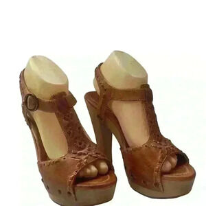 FRYE Fran X Stich Women Platform Brown Leather Wooden Heels Sandals Size 8.5 M